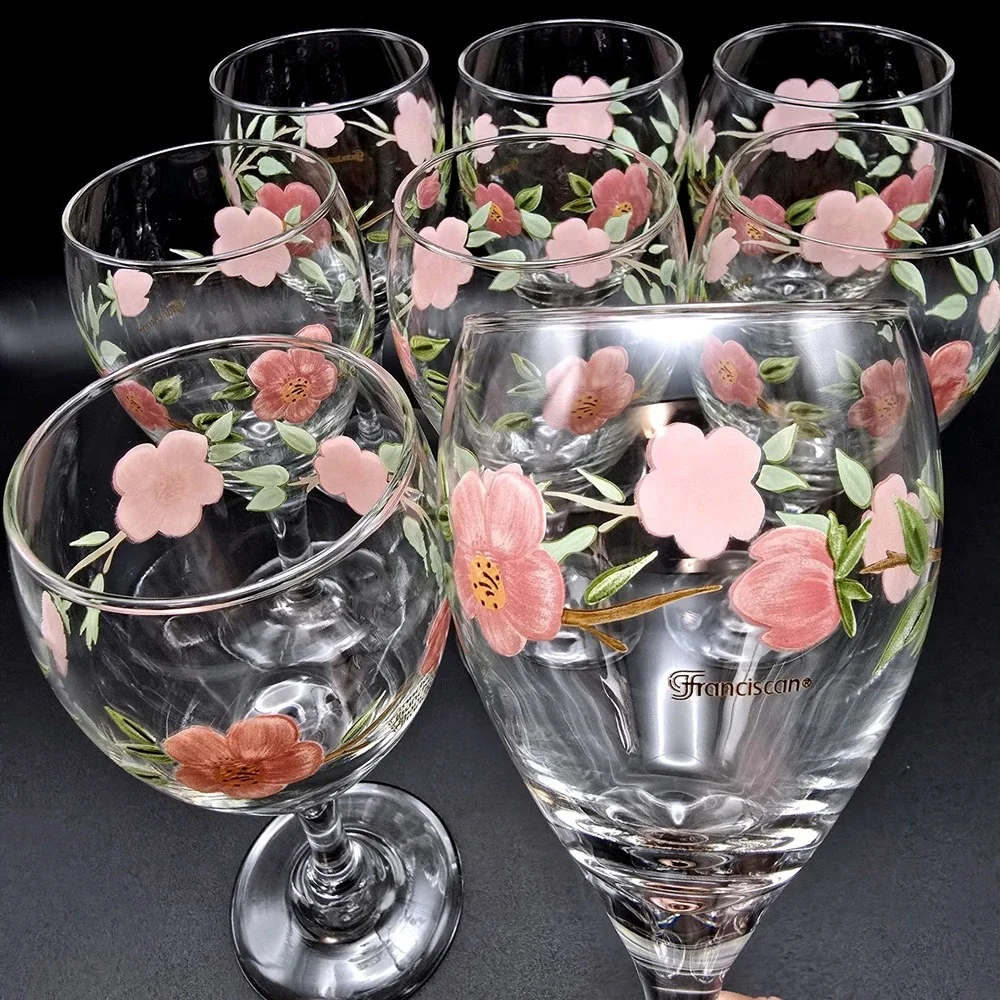 Franciscan Desert Rose Wine Goblets Set of 8 Pink Floral Stemmed Water Glasses